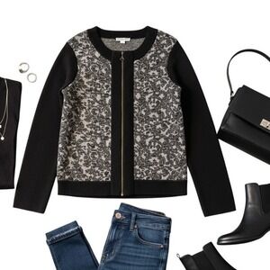 Pendleton Women's Zip Front Cardigan Sweater Jacket Black Grey Pattern